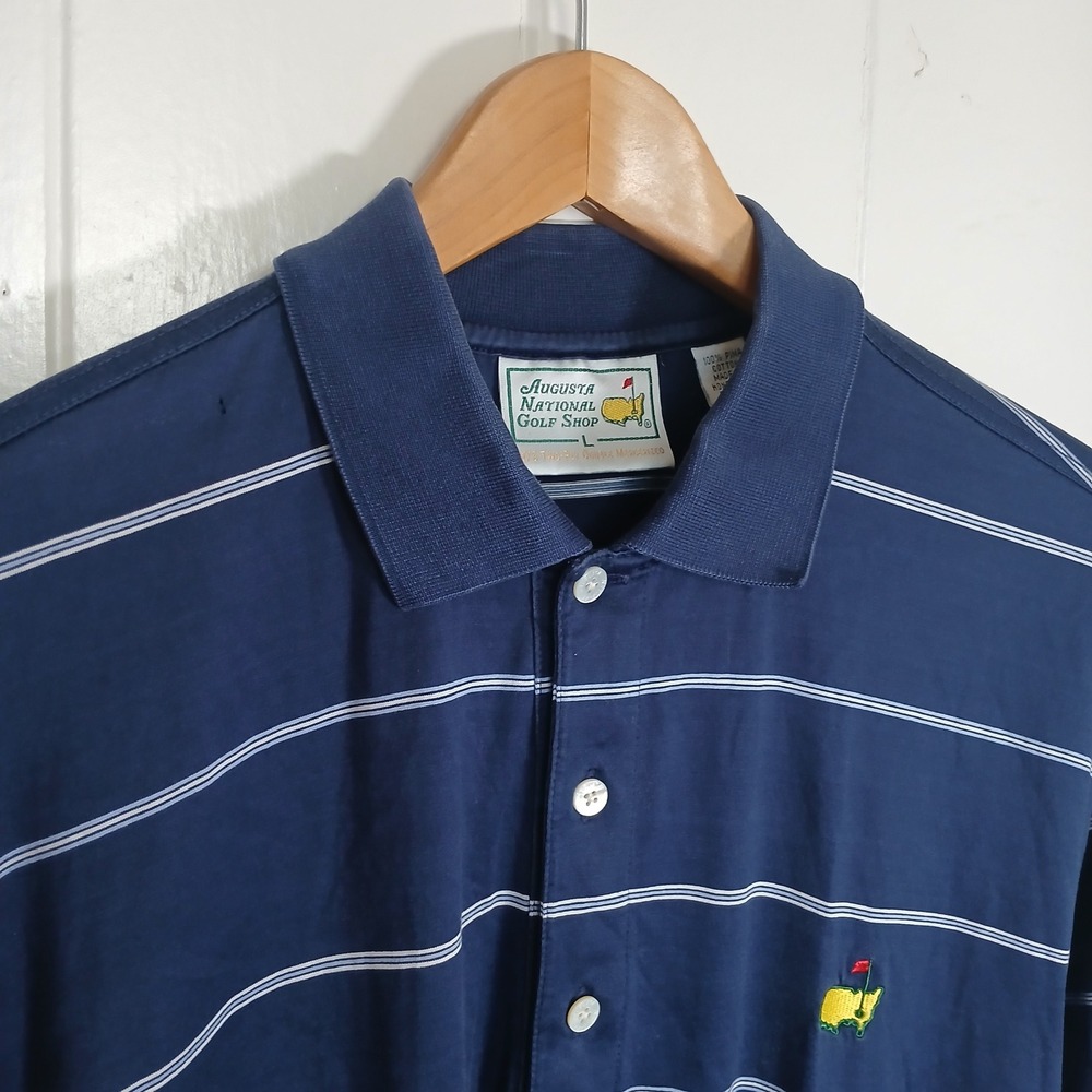 VTG Augusta National Golf Shop Masters Polo Mens L Navy Blue Striped Pima Cotton
